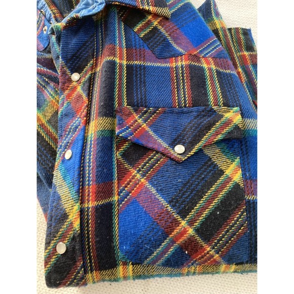 Vintage William's Bay Men's Flannel Shirt Blue Yellow, Red, Pearl Snap Large - Picture 14 of 15
